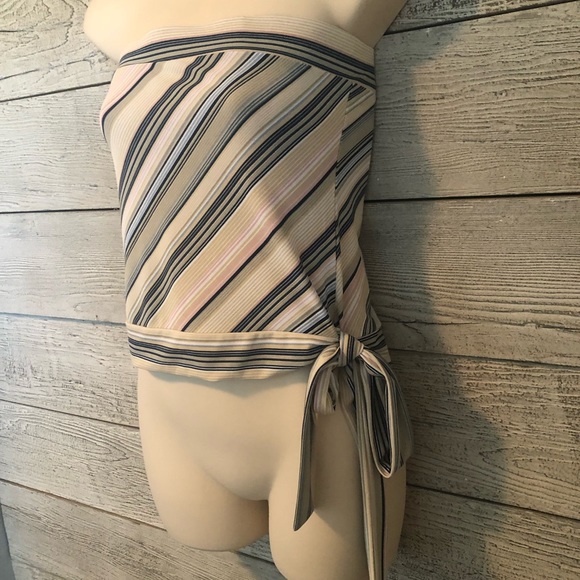 Hendy Striped Cropped Tube Top Blue Pink Side Tie S/L - Picture 2 of 4